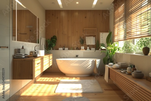 Spacious Bathroom With Large Bathtub. Generative AI