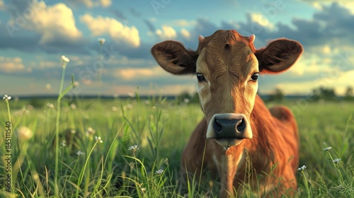 Innocent Jersey cow with large eyes in green pasture