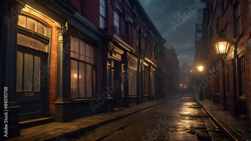 Quaint cobblestone street under soft moonlight, buildings casting long shadows. A tranquil escape into a bygone era. © Zee