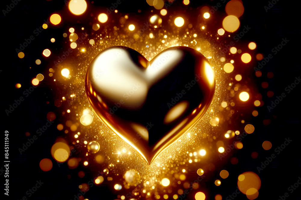 Gold shiny heart and light bokeh confetti glowing golden for Valentine on black background Gold shiny heart and light bokeh confetti glowing golden for Valentine on black background