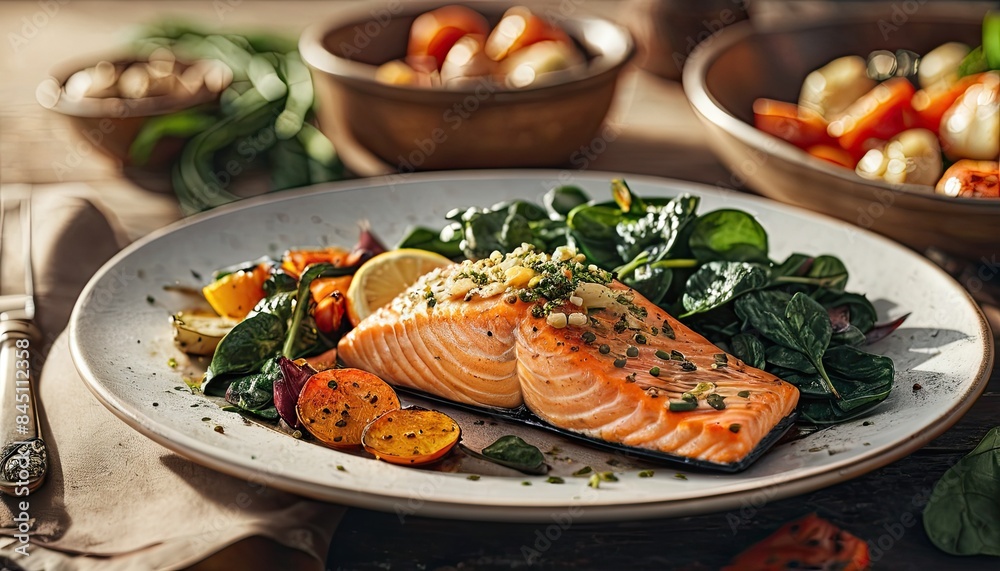 Salmon steak, spinach, lemon. Grilled salmon steak with grill marks, served with fresh spinach and lemon slices, steam rising. Salmon steak, spinach, lemon. Grilled salmon steak with grill marks, served with fresh spinach and lemon slices, steam rising.