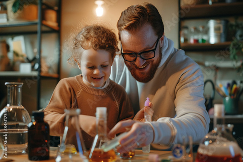 Dad and child have a science experiment day photo