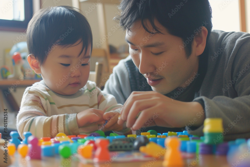 Daddy helps his child learn to count and sort objects Daddy helps his child learn to count and sort objects
