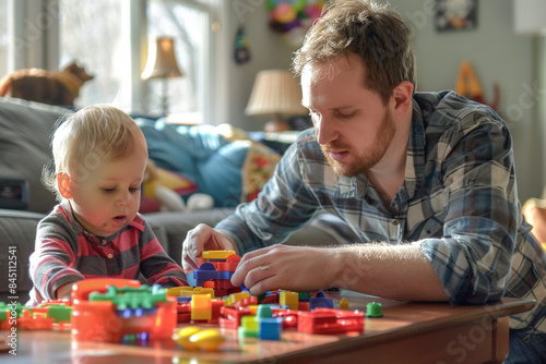 Daddy helps his child learn to count and sort objects