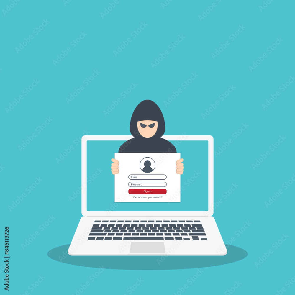 Hacker, cyber criminal looking for password trying to hack security. Credit card, bank account hacking. Vector illustration Hacker, cyber criminal looking for password trying to hack security. Credit card, bank account hacking. Vector illustration