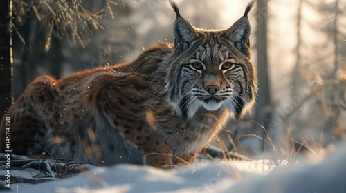 Majestic Lynx in Snowy Forest at Sunset © Zhayyyn Imagine