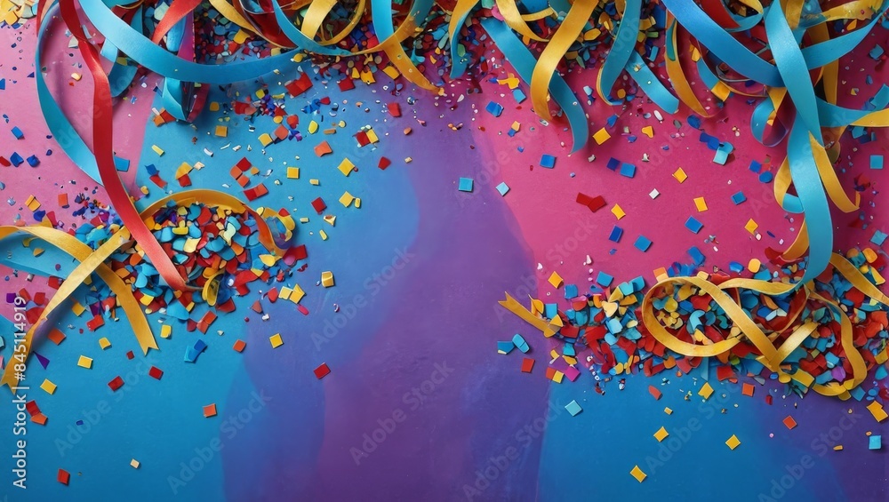Fototapeta premium Colorful Confetti and Ribbons on Blue and Pink Background.