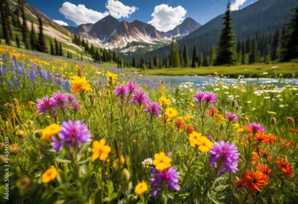 Obraz premium vibrant wildflowers blossoming mountain meadow landscape, scenic, flora, environment, summertime, picturesque, botany, growth, field, countryside, plant, natural