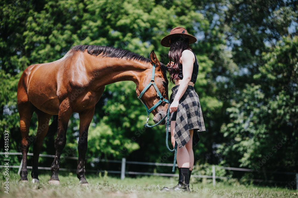 Woman enjoying countryside life at the ranch with her horse on a sunny day, showcasing bonding and outdoor activities. Woman enjoying countryside life at the ranch with her horse on a sunny day, showcasing bonding and outdoor activities.