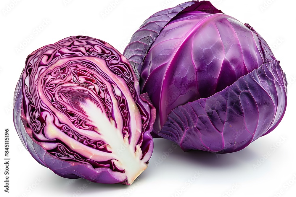 Obraz premium Isolated on a white background with a clipping path, a whole red cabbage and half, Generative AI.