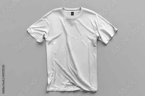 Fashionable white t-shirt template 3D rendering, men's clothing with label, round neck, shadows, for design, print, product photography. Texture shirt mockup isolated on background, front view.