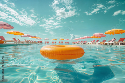 Vibrant Tropical Swimming Pool with Inflatable Floats and Colorful Umbrellas