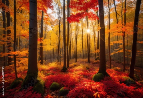 autumn sunbeams filtering through vibrant fall foliage forest, leaves, trees, light, rays, colorful, nature, sunlight, shining, branches, yellow, orange