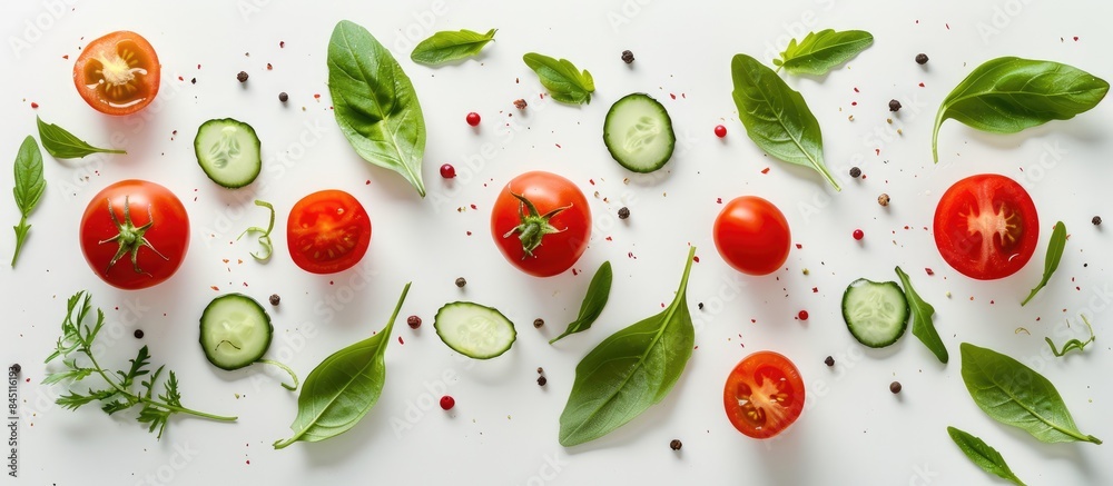 Artistic arrangement of tomato, cucumber, and salad leaves against a white backdrop. Top-down view showcasing a culinary theme.