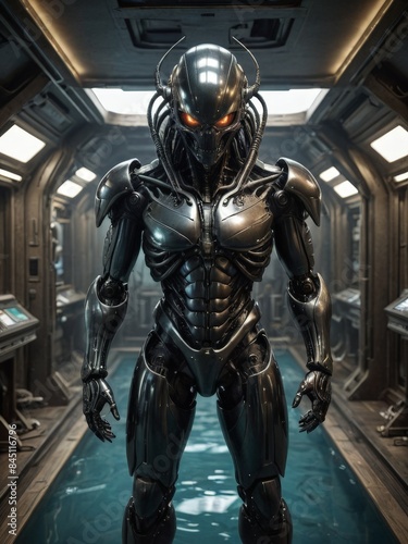 Futuristic Cyborg in a Metal Corridor.