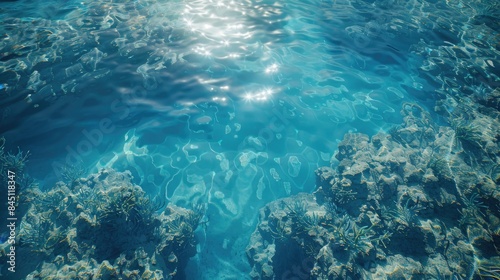 Top down perspective of the ocean during summer showcasing a clear blue surface with shimmering sunlight reflections and visible coral formations below