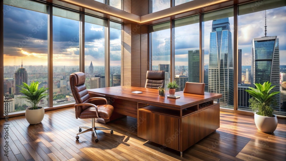 Fototapeta premium Modern Office Interior With Panoramic City View. 3D Render