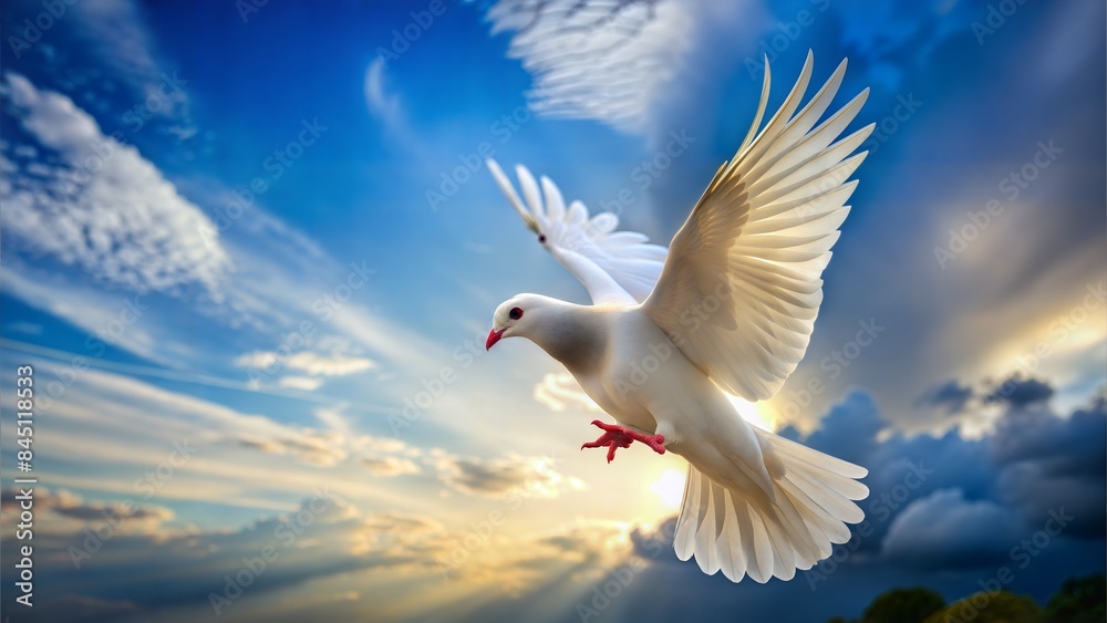 White dove soars with peace through a clear blue sky White dove soars with peace through a clear blue sky