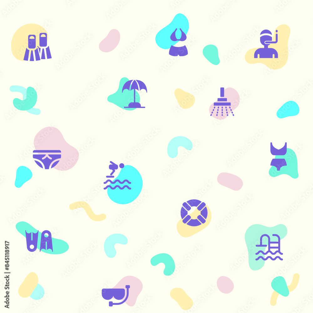 Vector illustration of a cute swimming and pool. Collection of diving, summer, beach activity, swimsuit, bikini, trunks, swimming cap, glasses, flippers, swim and other elements. Isolated on beige. Vector illustration of a cute swimming and pool. Collection of diving, summer, beach activity, swimsuit, bikini, trunks, swimming cap, glasses, flippers, swim and other elements. Isolated on beige.