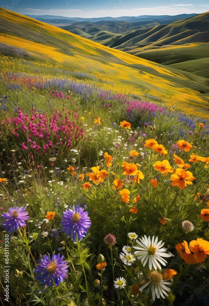 Obraz premium vibrant wildflowers blanket rolling hills full bloom landscape, colorful, hillside, meadow, picturesque, countryside, scenic, floral, field, grassy, beautiful