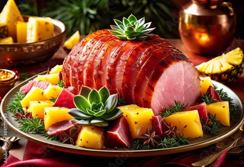 juicy glazed ham sweet pineapple rings delicious holiday meal, cooked, baked, golden, succulent, tender, savory, tasty, flavorful, mouthwatering, appetizing