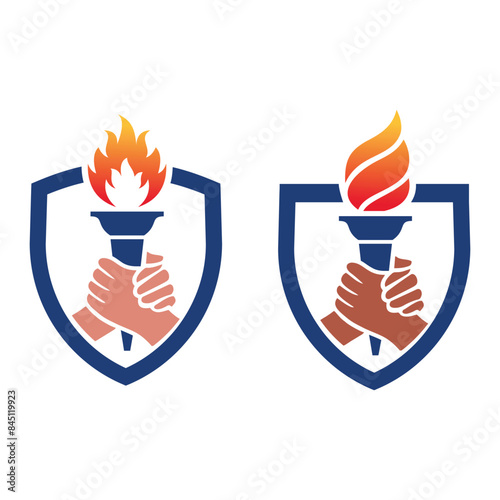 Hand take torch flame liberty shield logo design vector icon template illustration