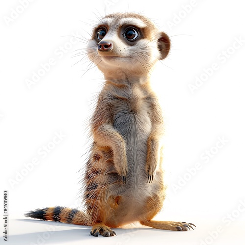 A curious meerkat stands on its hind legs, looking up with large, expressive eyes.