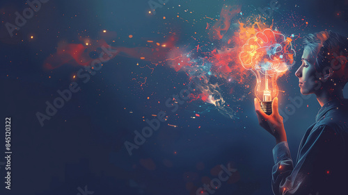 Creativity, Inspiration and new idea of growth for business with Smart idea, Businessman holding abstract light bulb and brain concept photo