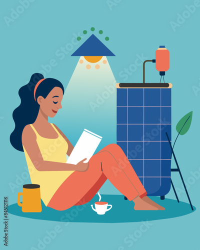 The soothing warm water from the solarpowered water heater helps a busy mother relax after a long day as she finishes her household chores.. Vector illustration