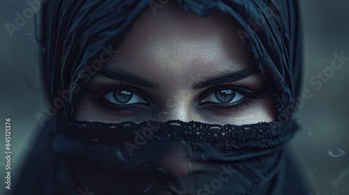 Amazing cyberpunk women mysterious style portrait of beautiful closed face young . Gambar yang dihasilkan AI photo