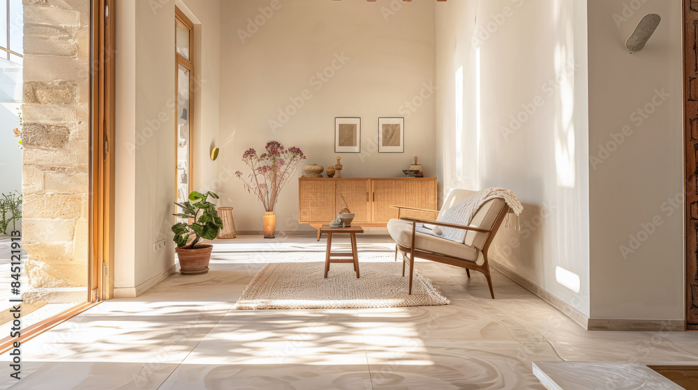 Fototapeta premium Minimalist interior design composition with minimal furniture and copyspace for text. Home decor concept image.