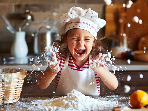 Kulinarischer Spaß. Backfreude für Kinder die es viel Freude macht mit Mehl in der Küche zu backen photo