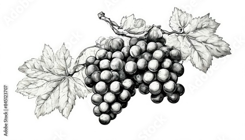 Grape branch hand drawing vintage style black and white clip art