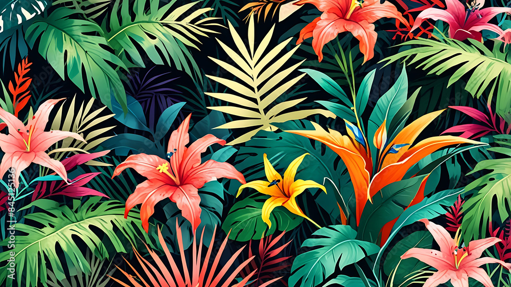 an abstract wallpaper design inspired by tropical paradise, with lush foliage, exotic flowers, and vibrant colors evoking the spirit of the tropics
an abstract wallpaper design inspired by tropical paradise, with lush foliage, exotic flowers, and vibrant colors evoking the spirit of the tropics