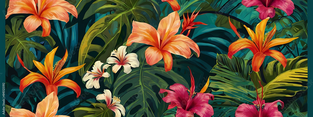 an abstract wallpaper design inspired by tropical paradise, with lush foliage, exotic flowers, and vibrant colors evoking the spirit of the tropics
