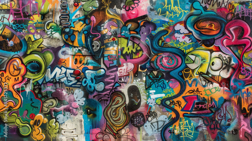 A colorful graffiti wall with a variety of shapes and letters A colorful graffiti wall with a variety of shapes and letters