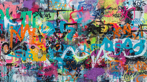 A colorful graffiti wall with a variety of writing and symbols