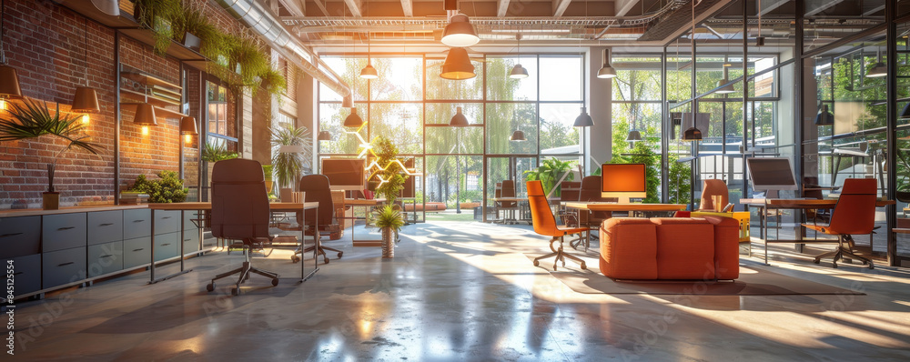Modern tech startup office with open workspaces, innovative environment and team collaboration, copy space for text. Modern tech startup office with open workspaces, innovative environment and team collaboration, copy space for text.