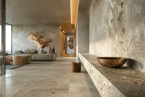 Contemporary Dubai penthouse with minimalist design featuring textured stone accents, emphasizing simplicity and tranquility. Ultra-realistic details inspire clutter-free living through thoughtful des