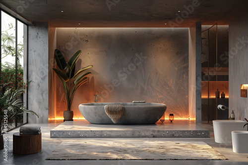 Contemporary Dubai penthouse with minimalist design featuring textured stone accents, emphasizing simplicity and tranquility. Ultra-realistic details inspire clutter-free living through thoughtful des