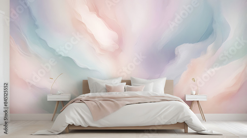 an abstract wallpaper featuring dreamy pastel colors and soft, ethereal shapes, creating a serene atmosphere for bedrooms and relaxation spaces. 