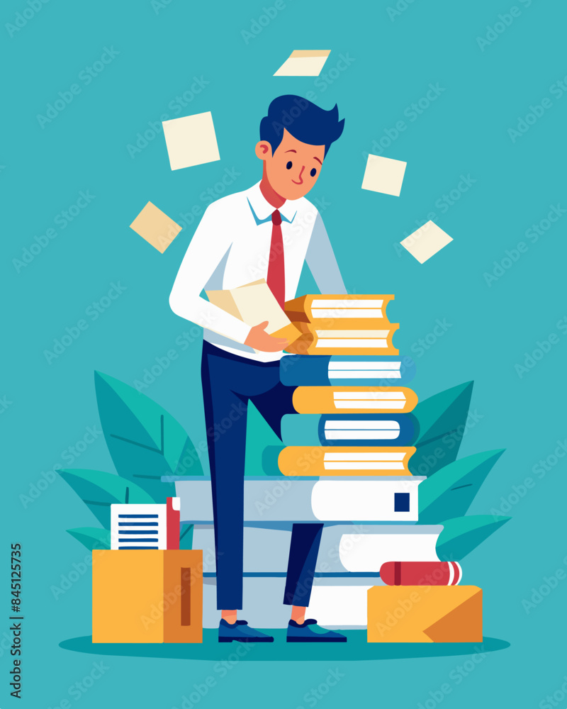 Amidst a sea of paperwork the businessperson calmly and odically eliminates unnecessary expenses helping the company stay afloat during tough times.. Vector illustration Amidst a sea of paperwork the businessperson calmly and odically eliminates unnecessary expenses helping the company stay afloat during tough times.. Vector illustration