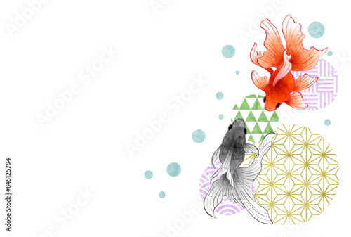 金魚、和柄、残暑見舞い、イラスト、かわいい、横、カラフル