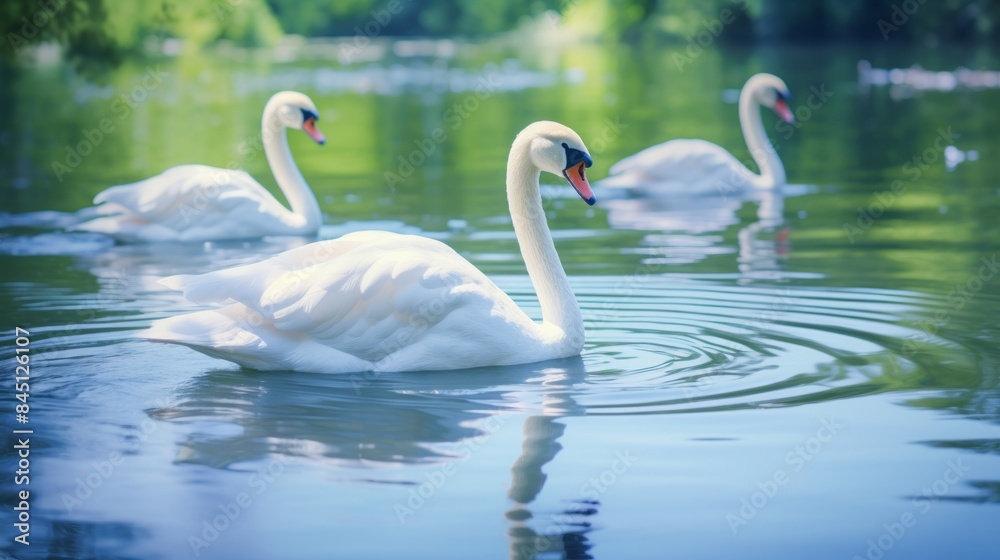 Fototapeta premium Elegant swans gracefully gliding across a calm lake, reflections in the water, a serene atmosphere.”