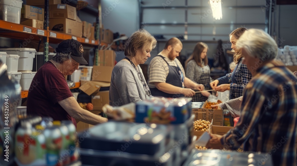 Volunteers from a church prepare food for a community outreach program in a warehouse setting