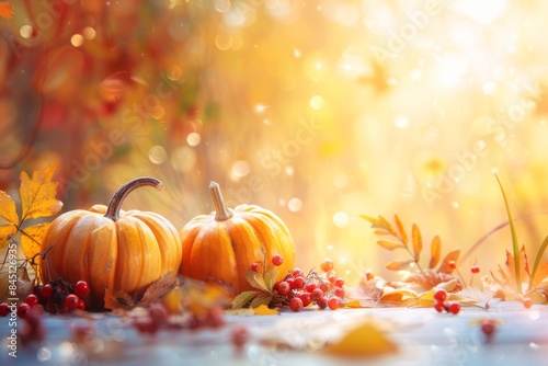 Harvest of harvested colorful pumpkins of different sizes with autumn leaves on a bright blurred background. Concept for celebrating harvest, thanksgiving day,  copy space
