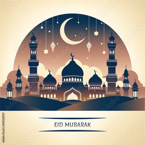 Eid poster background. Crescent moon and lantern abstract design. 