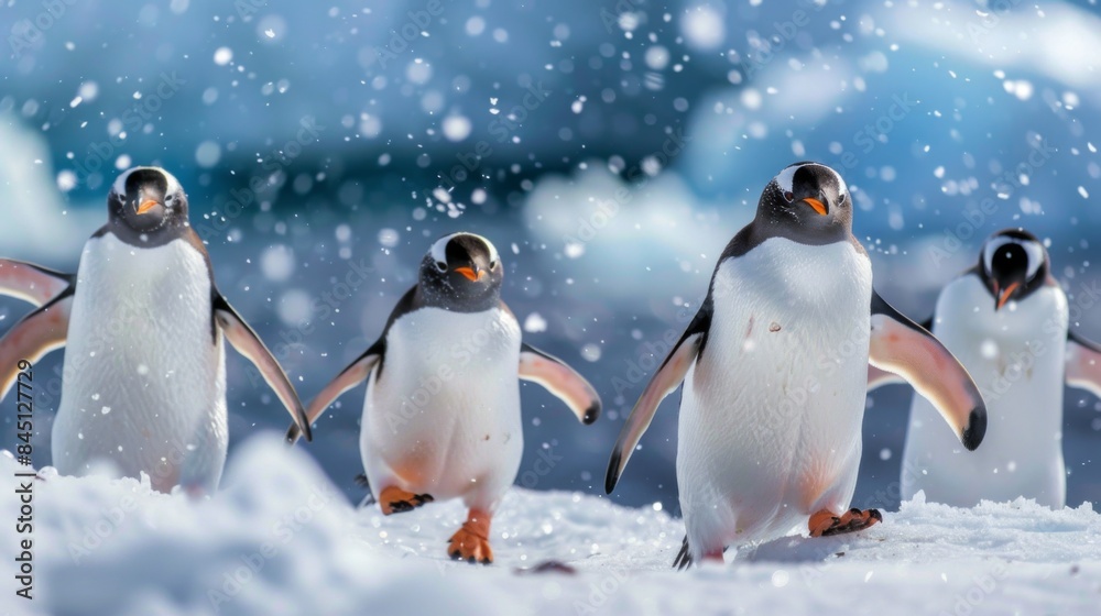 Fototapeta premium The penguins standing on a snowy surface near the water