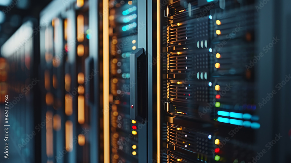A row of computer servers with a yellow button on the front A row of computer servers with a yellow button on the front