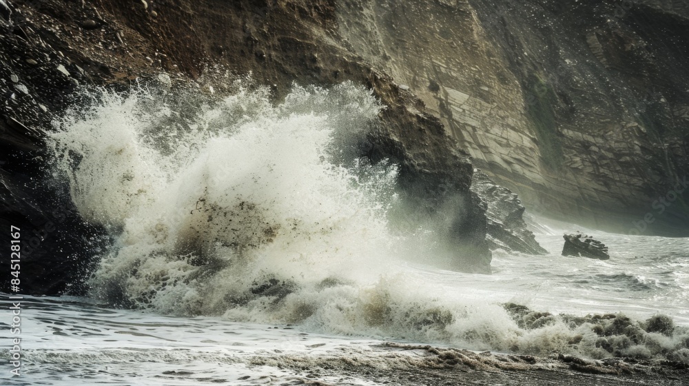 Obraz premium A large wave crashing onto a rocky shore